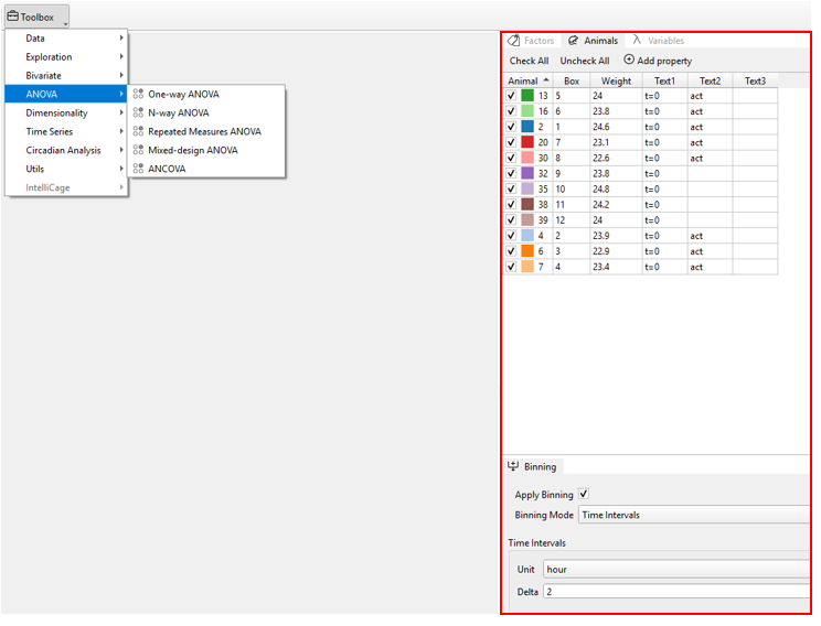 Figure: Control panel of the AN(C)OVA widget